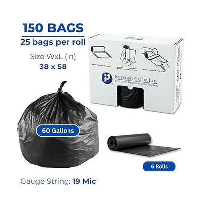 Inteplast VALH3860K22 HDPE Waste Can Liner, 0. 74 Mil, Star Seal, 38" x 58", Black (6 Pack of 25)