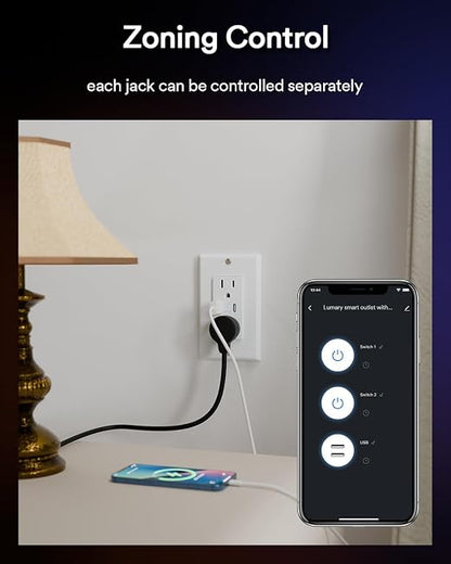 Lumary Smart Outlet with USB-A/C Ports 110V 15A, Timer, Remote Control, FCC | Tamper-Resistant, Group, No Hub Required, 2.4G WiFi Wall Outlet, Works with Alexa/Google Home, Kitchen/Bedroom/Office, 1 Pack