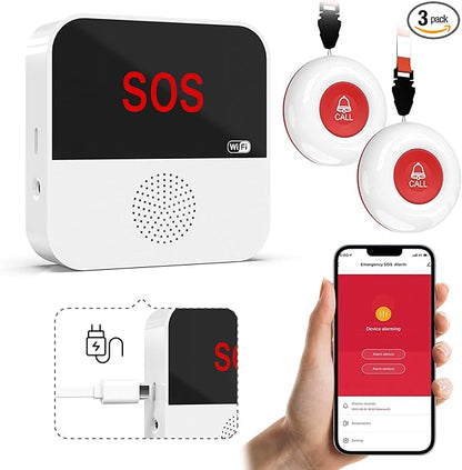 WiFi Rechargable Smart Wireless Caregiver Pager Call Button System Nurse Calling Alert System for Elderly Patient Seniors Disabled Kids 2 SOS Panic Buttons 1 Receiver (only Supports 2.4GHz Wi-Fi)