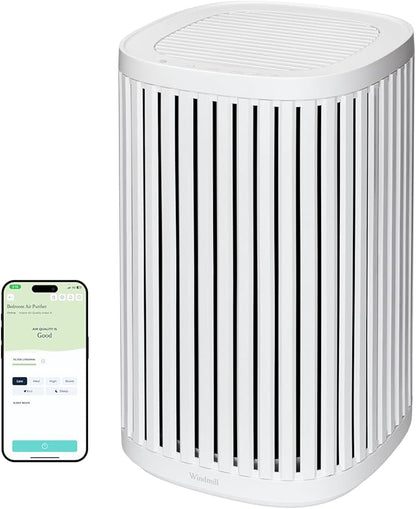 Windmill Air Purifier for Home - 3-In-1 Filtration for Dust, Smoke, & More - True HEPA Filter, Activated Carbon, & Pre-Filter - Ultra-Quiet - App Compatible - Covers Up To 975 sq ft - White