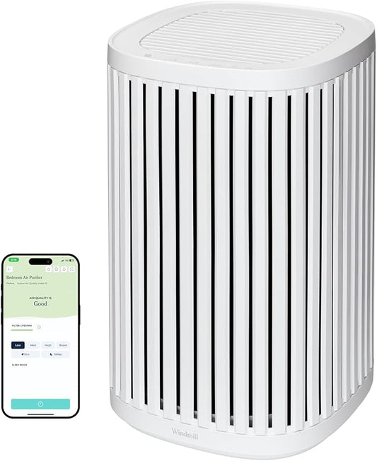 Windmill Air Purifier for Home - 3-In-1 Filtration for Dust, Smoke, & More - True HEPA Filter, Activated Carbon, & Pre-Filter - Ultra-Quiet - App Compatible - Covers Up To 975 sq ft - White