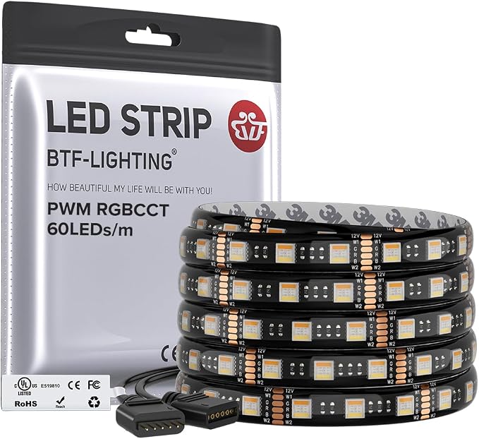 BTF-LIGHTING RGBCCT LED Strip UL Listed 16.4ft 60LED/m 300LED DC12V IP65 | Black LED Tape 12mm wide 5 Colors in 1 RGB+Dimmable Tunable Color Temperature 2700K-6500K for Decor(No Adapter or Controller)