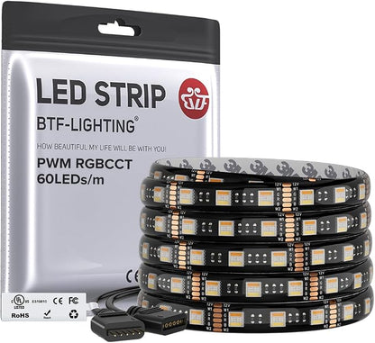 BTF-LIGHTING RGBCCT LED Strip UL Listed 16.4ft 60LED/m 300LED DC12V IP65 | Black LED Tape 12mm wide 5 Colors in 1 RGB+Dimmable Tunable Color Temperature 2700K-6500K for Decor(No Adapter or Controller)