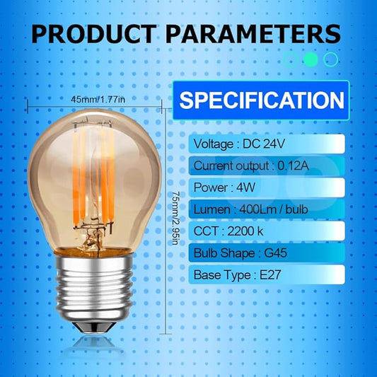 SOFOC G45G LED Bulb 24V DC E27 Base Outdoor Solar Lights Warm Yellow 2200K Classic 4W Low Voltage Light 400LM High Color Rendering Vintage Edison Style Bulb No Dimmable 1Pcs