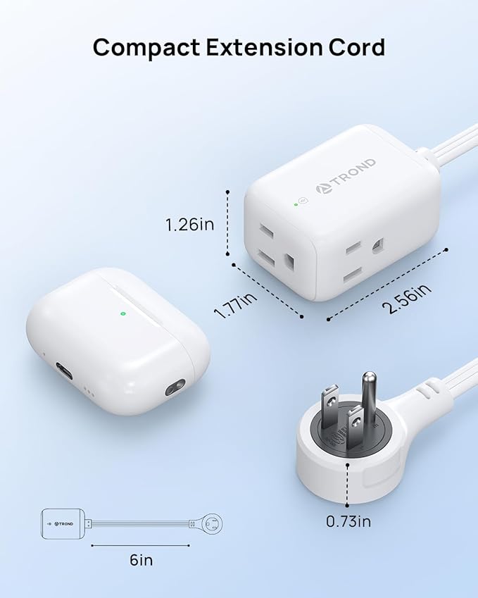 TROND 360° Rotating Flat Plug Outlet Extender Surge Protector with 6 Inch Cable, Small Rotatable Extension Cord, 900 Joules, 3 Way Plug, 15A, Compact for Indoor Home Office Travel Dorm Room, White