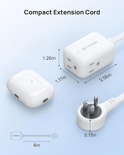 TROND 360° Rotating Flat Plug Outlet Extender Surge Protector with 6 Inch Cable, Small Rotatable Extension Cord, 900 Joules, 3 Way Plug, 15A, Compact for Indoor Home Office Travel Dorm Room, White