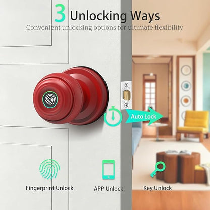 Smart Fingerprint Door Lock with Tuya App Control, Keyless Entry Lock with Backup Key, Auto-Lock, Easy Install for Home, Apartment, Office Red