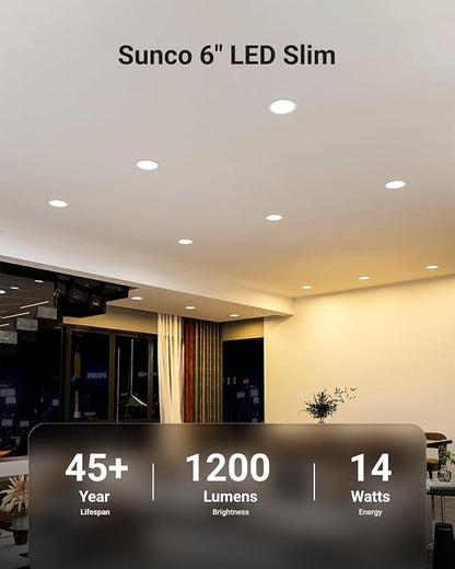 Sunco 12 Pack Recessed Lighting 6 Inch LED, Canless Ceiling Lights Slim with Junction Box, 1200 LM, 14W (100W Equivalent), 6000K Daylight Deluxe, Dimmable, Wafer Thin, 50000 Lifetime Hours ETL.