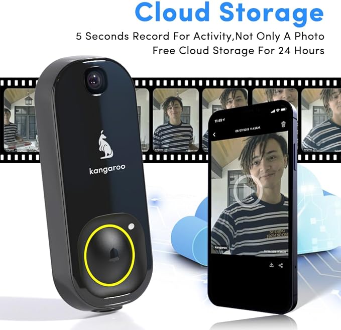 Kangaroo Wireless Doorbell+Chime,HD Camera,Easy Setup,Battery Power,Motion Detection,2.4G WiFi,Real-time Alerts to Phone,Security System for Home,Apartment and Office (2 Doorbell+2 Chime)