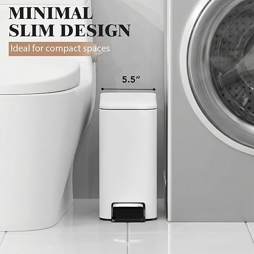 Small Bathroom Trash Can w/Lid Soft Close, 6 Liter/1.6 Gallon Stainless Steel Garbage Can w/Inner Bucket, Trash Bin Waste Basket for Kitchen, Bedroom, Living Room, Office, Toilet, White