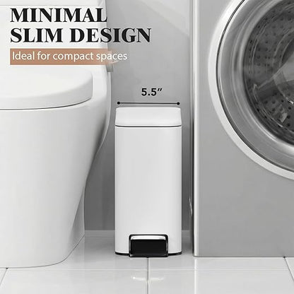 Small Bathroom Trash Can w/Lid Soft Close, 6 Liter/1.6 Gallon Stainless Steel Garbage Can w/Inner Bucket, Trash Bin Waste Basket for Kitchen, Bedroom, Living Room, Office, Toilet, White