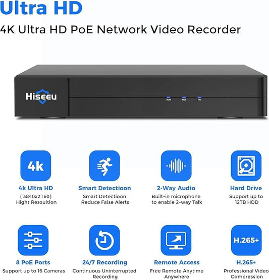 【16 channel Extendable】Hiseeu 8 Port 4K PoE Network Video Recorder NVR, Support 4K/2K/8MP/5MP/3MP/1080P PoE Camera, Free Remote Access, Motion Alarm, 24/7 Recording, Smart Playback, No Hard Disk Drive