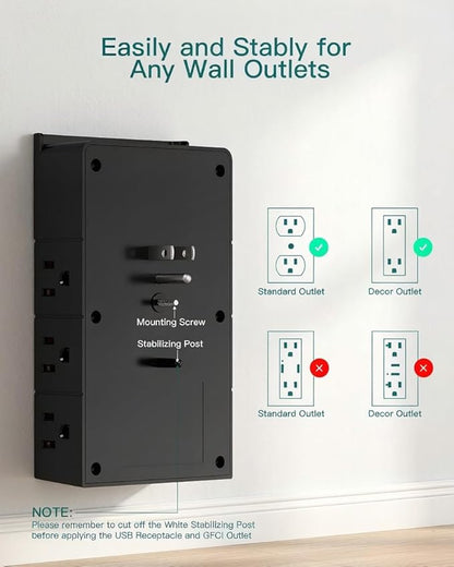 Addtam Multi Plug Wall Outlet, Surge Protector Wall Mount with 12 Outlet Extender 4 Sides and 3 USB Ports (1 USB-C), Outlet Splitter Power Strip for Home Office Dorm Room Essentials, Black