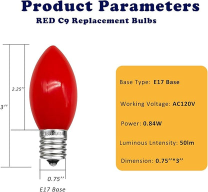 25 Pack Red C9 LED Bulbs, C9 Replacement Bulbs for Christmas Tree Lights Patio String Lights Outdoor Indoor, E17/C9 Intermediate Base, 7 Watt, Ceramic Red