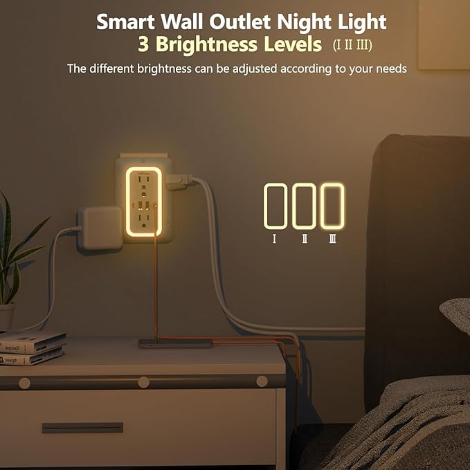 3 Pack Outlet Extender with Night Light, 6 Outlet Surge Protector Extender with 4 USB Ports (2 USB C), 3-Sided 1050J Multi Plug Wall Outlet for Home Office Dorm Room