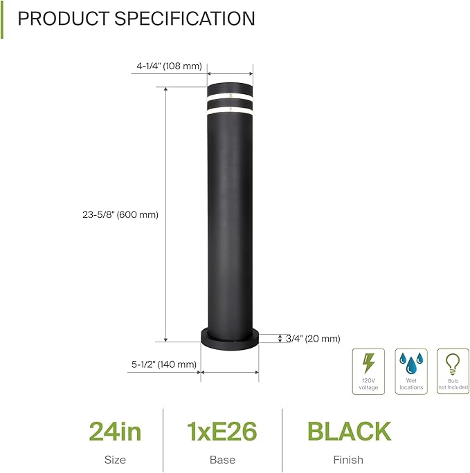 ASD 24" Round Bollard Light Fixture, Outdoor Pathway Floor Lamp | Antiglare, Waterproof, ETL Listed | 60W E26 Bulb Socket 120V | Landscape Hardwired Lighting, Exterior Post Lantern | Black, 4 Pack
