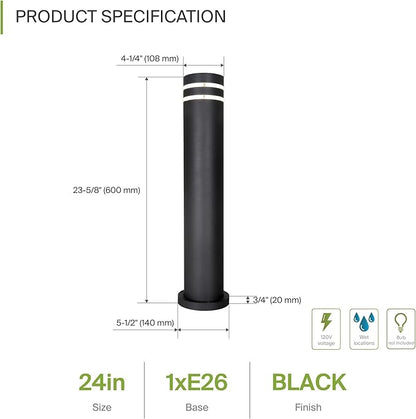 ASD 24" Round Bollard Light Fixture, Outdoor Pathway Floor Lamp | Antiglare, Waterproof, ETL Listed | 60W E26 Bulb Socket 120V | Landscape Hardwired Lighting, Exterior Post Lantern | Black