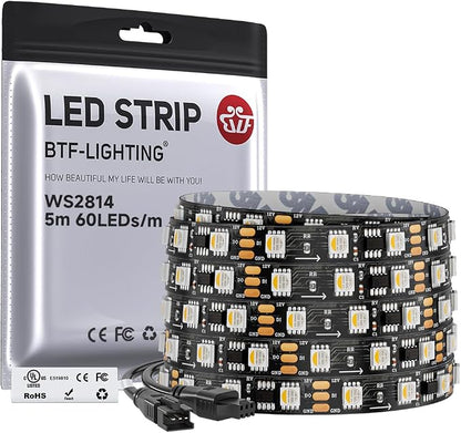 BTF-LIGHTING WS2814 IC RGBW RGB+Cool White UL Listed,DC12V 16.4FT 60LED/m | 20pixel/m,(Similar WS2812B),Addressable4 Colors in 1 Dream Color LED Strip IP30 for Home Decor(No Adapter or Controller)