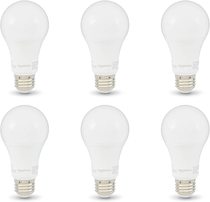 Amazon Basics A19 LED Light Bulbs, 100W Equivalent, 15W Energy Efficient, E26 Standard Base, Soft White 2700K, Non-Dimmable, 10,000 Hour Lifetime, 6-Pack