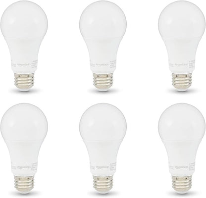 Amazon Basics A19 LED Light Bulbs, 100W Equivalent, 15W Energy Efficient, E26 Standard Base, Soft White 2700K, Non-Dimmable, 10,000 Hour Lifetime, 6-Pack