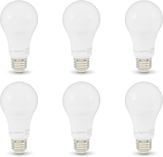 Amazon Basics A19 LED Light Bulbs, 100W Equivalent, 15W Energy Efficient, E26 Standard Base, Soft White 2700K, Non-Dimmable, 10,000 Hour Lifetime, 6-Pack