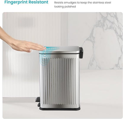 Home Zone Living 4 Gallon Kitchen Trash Can with Soft-Closing Lid and Step Pedal, Stainless Steel with Slim Ribbed Design for Home and Office, Silver, 17 Liters