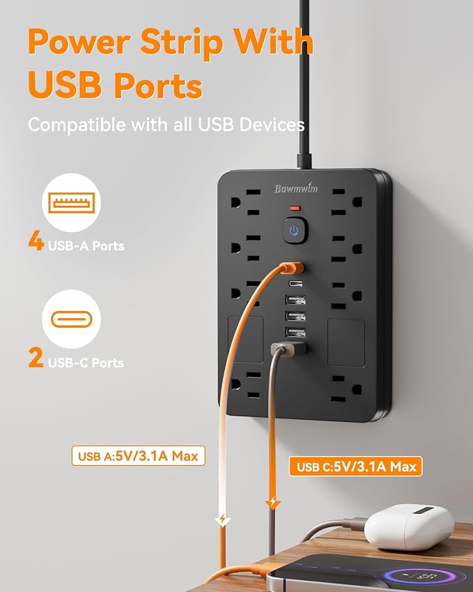 Surge Protector Power Strip - 11 Outlets(1850W/15A/14AWG) with 6 USB Ports(2 USB C), 6/12FT Flat Plug Extension Cord, Wall Mount, Black, ETL Listed for Home, Dorm Room