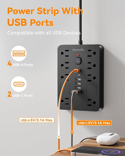 Surge Protector Power Strip - 11 Outlets(1850W/15A/14AWG) with 6 USB Ports(2 USB C), 6/10FT Flat Plug Extension Cord, Wall Mount, Black, ETL Listed for Home, Dorm Room