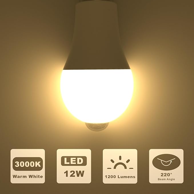 ORALUCE Motion Sensor Light Bulbs Indoor Outdoor 100 watt Equivalent, 12W Motion Activated Light Bulb 3000K Warm White, A19 E26 LED Light Bulb for Garage, Porch, Hallway, Stairs, Front Door, 2 Pack