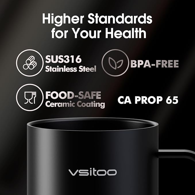 Vsitoo S3 Pro 16oz Smart Self Heating Coffee Mug,Heated Coffee Mug with Auto-Sensing AI Heats Drinks to 120-150°F Hands-Free.Perfect for Home/Office,Ideal Gift fo Men/Women, Black