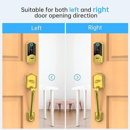 SMONET Smart Lock Front Door with Handle, Keyless Entry Door Lock Set, Fingerprint Smart Deadbolt with App Bluetooth, Electronic Keypad Auto Lock Compatible with Alexa, Gold