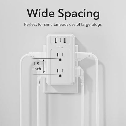 BN-LINK Multi Plug Outlet, 6 Wall Outlet Extender with 3 USB Charging Ports (1 USB C) Total 3.4A, 3-Sided Outlets Splitter Multiple Outlet Wall Plug for Home Office Dorm Room