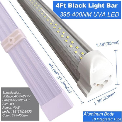 4PACK Linkable 4Ft Black Light Bar, LED 40W Integrated T8 Bulb Blacklight Fixture, UVA 395NM 400NM for Fluorescent Tapestry Poster Body Paint Glow Party