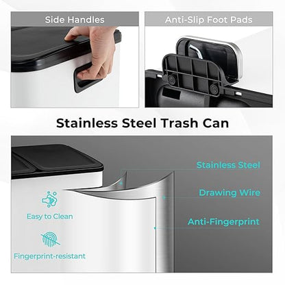 Goplus 16 Gallon/ (2x30L) Stainless Steel Trash Can, Kitchen Trash Bin w/Dual Removable Inner Buckets, Soft Closure & Step-on Pedal, Deodorizer Compartment, Garbage Bin for Recycling, White