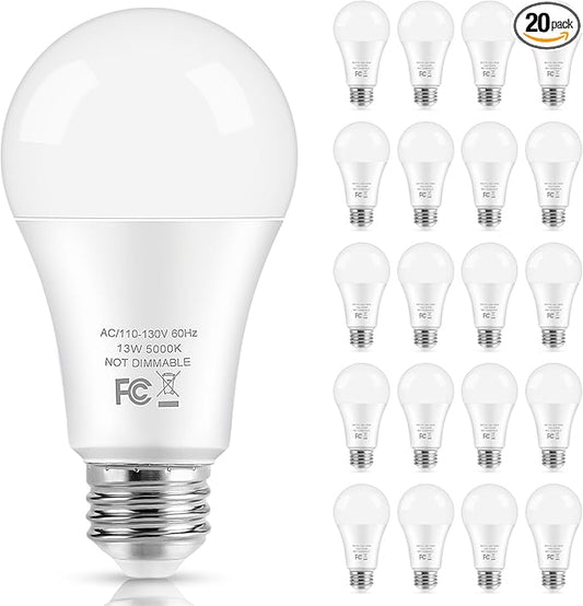 LED Light Bulbs, 100 Watt Equivalent A19 LED Bulbs, 13W 5000K Daylight White 1500 Lumens Non-Dimmable Bright E26 Edison Medium Screw Bulbs for Home Bedroom Living Room Office Outdoor Lamp, 20-Pack