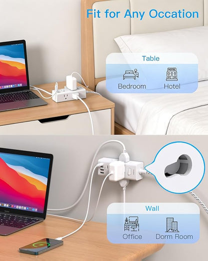 Flat Plug Extension Cord 10Ft, One Beat Surge Protector Power Strip 10 Ft Cord with 6 Widely Outlets 4 USB Ports (2 USB C), 3 Way Wall Outlet Extender Extension Cord for Home Office College Dorm Room