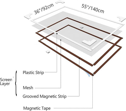 NeatiEase Adjustable DIY Magnetic Window Screen Max 55InchH x 36InchW Fits Any Size Smaller with White Frame Fiberglass Mesh