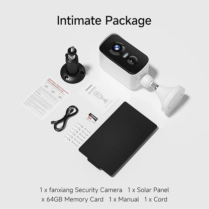fanxiang 2K Wireless Security Camera Outdoor with Solar Panel & 64GB Card, Rechargeable Battery Camera Wireless WiFi, 300° Pan Rotating, PIR, Color Night Vision, AI Motion Detection, 2-Way Audio, IP65
