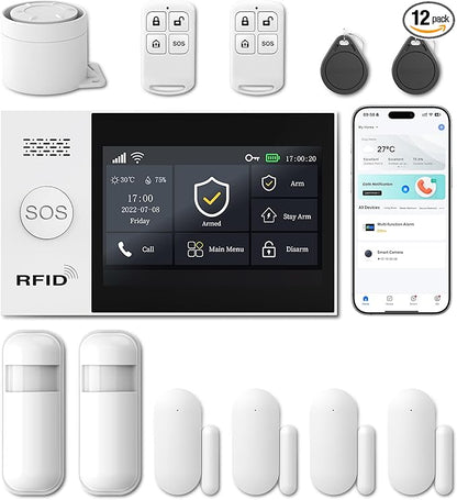 LWOHSI Wireless Home Alarm System with LCD Touch Screen,Smart Home Security Systems with DIY Door Sensor,Motion Detector,GSM 4G /App Instant Alerts for Apartment,No Monthly Fee