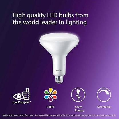 PHILIPS LED 65W BR40 4-Pack Ultra Definition Soft White (2700K) 800 Lumen (10W = 65W) Dimmable Frosted Flicker-Free Light Bulbs