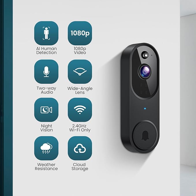 Orbitell Wireless Wi-Fi Video Doorbell Camera with Two Way Audio, AI Motion Detection, Night Vision and Cloud Storage, 2.4G Wi-Fi only