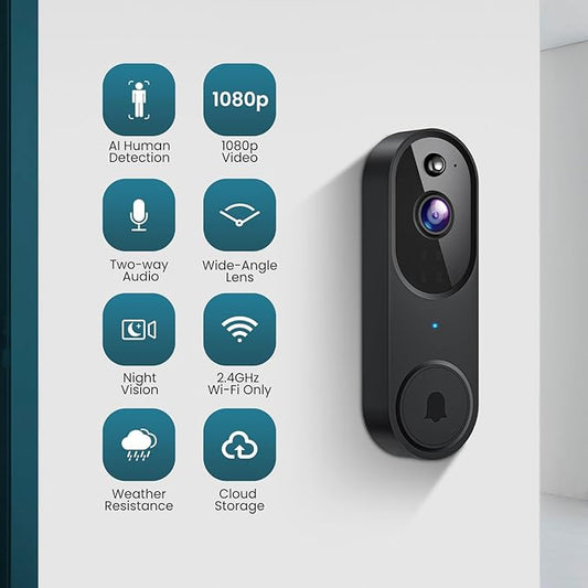 Orbitell Wireless Wi-Fi Video Doorbell Camera with Two Way Audio, AI Motion Detection, Night Vision and Cloud Storage, 2.4G Wi-Fi only