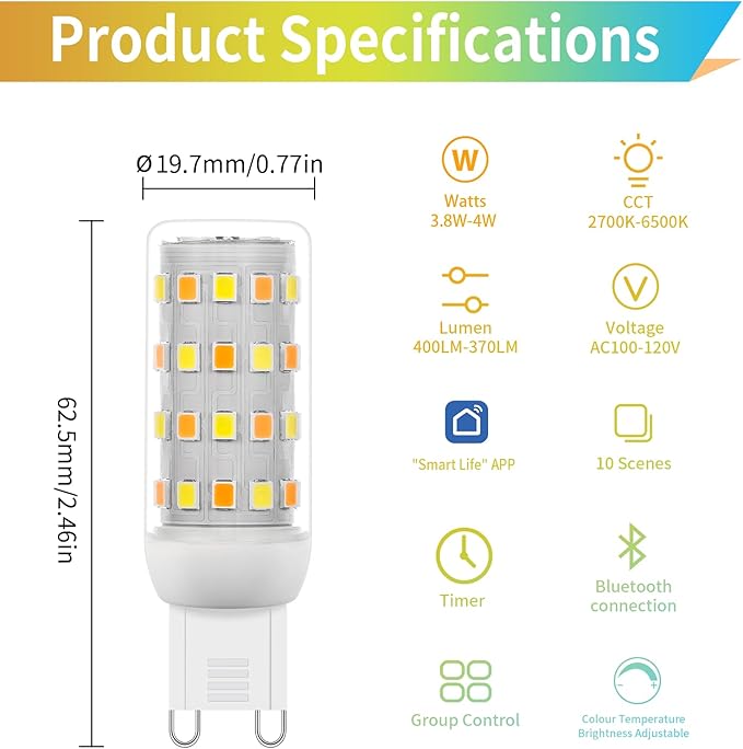 I-SHUNFA Smart G9 LED Bulbs with App Control, Dimmable Bluetooth Bulb, AC 120V, Tunable White 2700K-6500K, 1%-100% Brightness, 4W 400LM, Music Sync, Timer Function (2 Pack Bulbs Only)