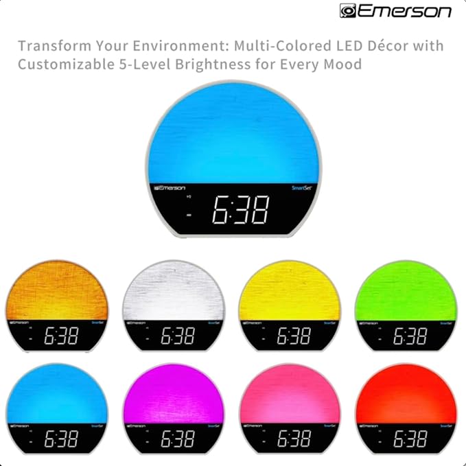 Emerson CKSS7071 Sunrise Smartset Alarm Clock Radio with 1.2" LED Display, White Noise, 6 Soothing Sounds, 8-Color Dimmable LED, Bluetooth Speaker, White