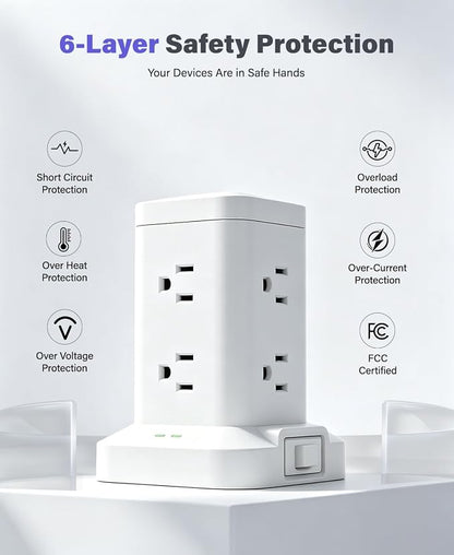 Power Strip Tower with Surge Protector 1800J, Fast Charging Tower PD20W USB-C Ports with 8 AC Outlets, Extension Cord for Home Office Dorm Room, White, 8FT