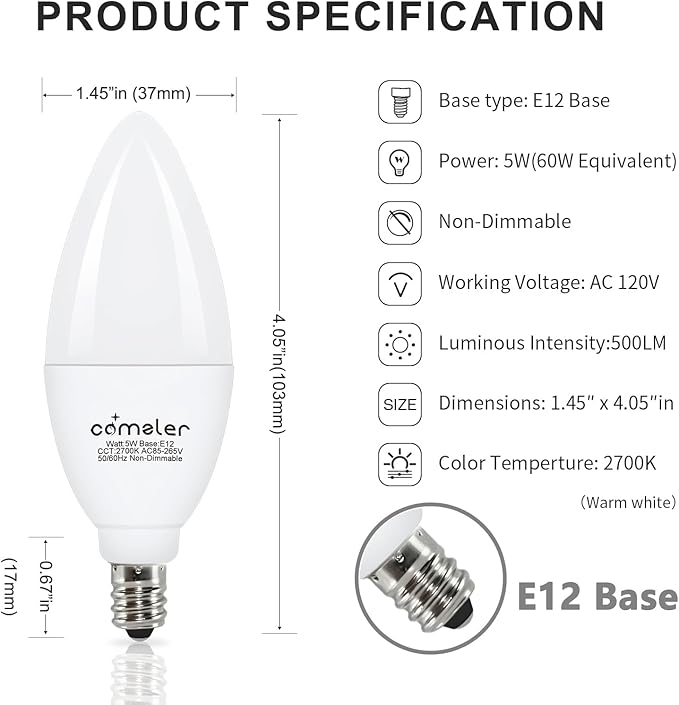 comzler 12 Pack E12 LED Candelabra Light Bulb, 2700K Warm White, 5 Watt 60W Equivalent Ceiling Fan Light Bulbs, Type B Light Bulb B11 Shape for Chandelier, Small Base, CRI85+, 500Lumen, Non-Dimmable