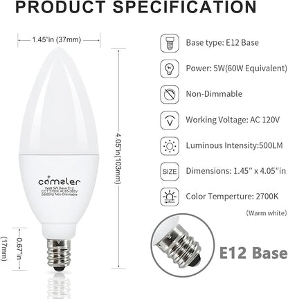 comzler 12 Pack E12 LED Candelabra Light Bulb, 2700K Warm White, 5 Watt 60W Equivalent Ceiling Fan Light Bulbs, Type B Light Bulb B11 Shape for Chandelier, Small Base, CRI85+, 500Lumen, Non-Dimmable