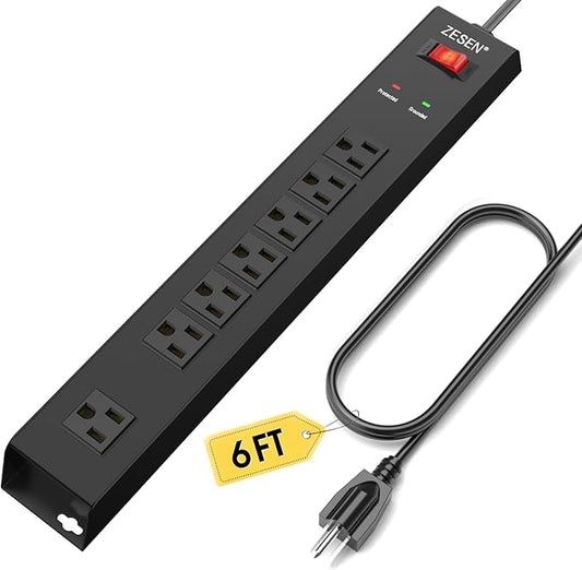 ZESEN 7 Outlet Metal Long Power Strip with Overload Protection & 1500J Surge Protection, 6ft Cord Wall Mounted Industrial Power Strip for Office Workshop Garage, ETL Listed(15A/1875W), Black