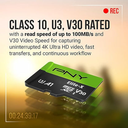 PNY 128GB Elite-X™ Class 10 U3 V30 A1 microSDXC Flash Memory Card - Up to 100MB/s Read, 4K UHD, Full HD, UHS-I, Smooth Content Capture, for Smartphones, Drones, Tablets, 2-Pack