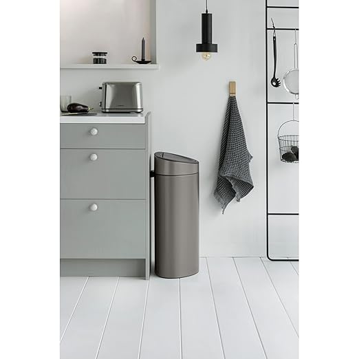 Brabantia Press-Top Kitchen Trash Can with Flat Back | Platinum | 10.6 Gallon / 40L | Home Trash Can with Soft-Touch Stay-Open Lid & Removable Inner Bucket | Fits Flat Against Walls | + Trash Bags